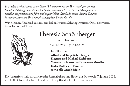 Traueranzeige von Theresia Schönberger von Hohenloher Tagblatt
