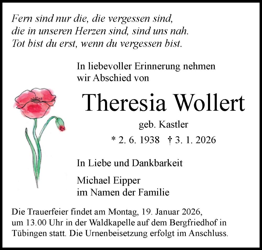  Traueranzeige für Theresia Wollert vom 08.01.2026 aus Schwäbische Tagblatt