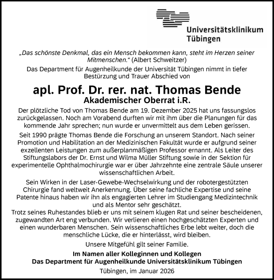 Traueranzeige von Thomas Bende von Schwäbische Tagblatt