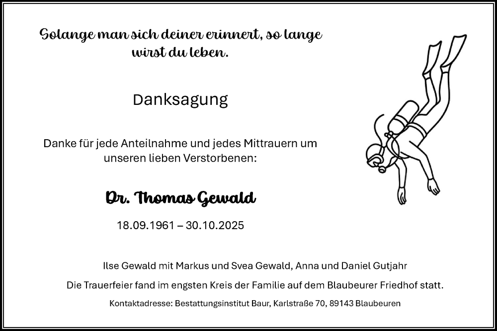 Traueranzeige für Thomas Gewald vom 16.01.2026 aus Das Blaumännle