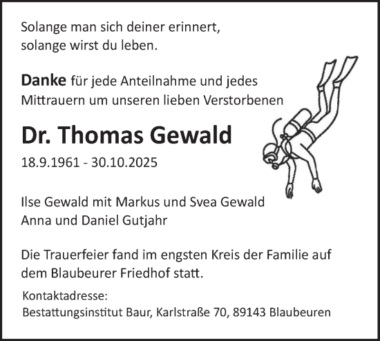 Traueranzeige von Thomas Gewald von Schwäbische Tagblatt
