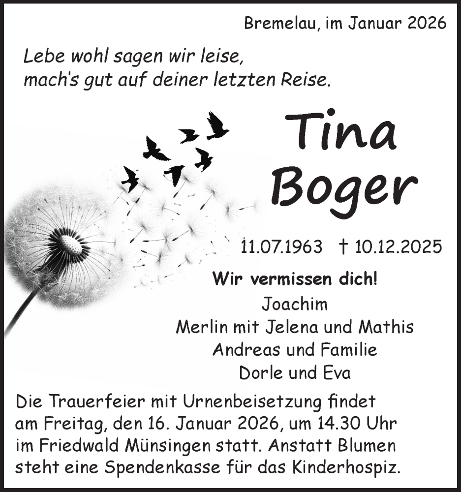  Traueranzeige für Tina Boger vom 13.01.2026 aus Alb-Bote/Metzinger-Uracher Volksblatt