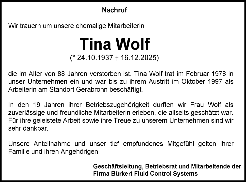  Traueranzeige für Tina Wolf vom 17.01.2026 aus Hohenloher Tagblatt