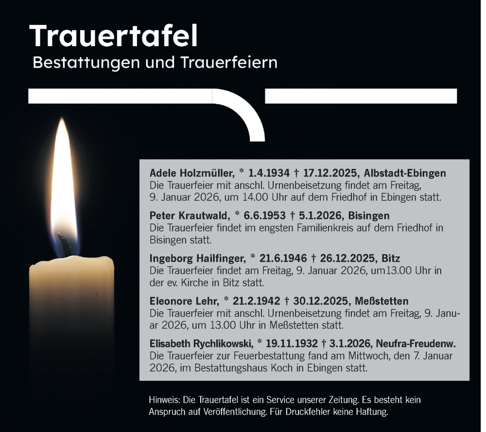  Traueranzeige für Totentafel vom 08.01.2026 vom 08.01.2026 aus SÜDWEST PRESSE Zollernalbkreis/Hohenzollerische Zeitung