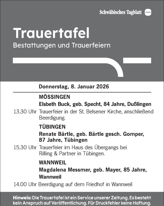 Traueranzeige von Totentafel vom 08.01.2026 von Schwäbische Tagblatt