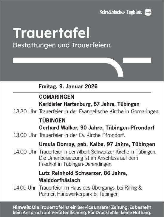Traueranzeige von Totentafel vom 09.01.2026 von Schwäbische Tagblatt