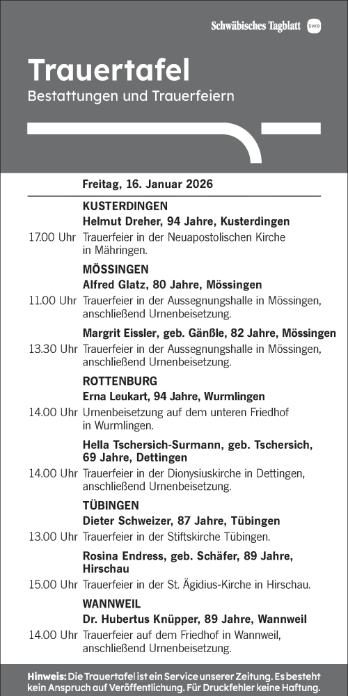 Traueranzeige von Totentafel vom 16.01.2026 von Schwäbische Tagblatt