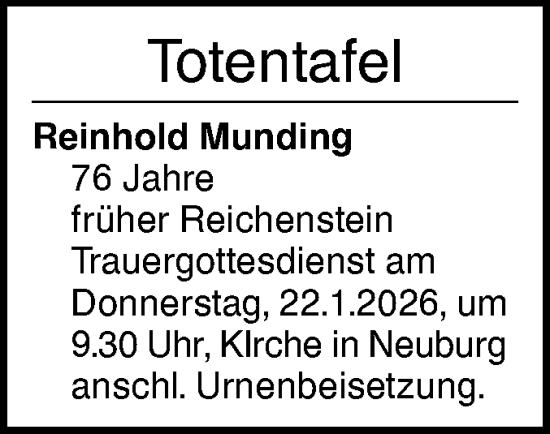 Traueranzeige von Totentafel vom 19.01.2026 von Ehinger Tagblatt