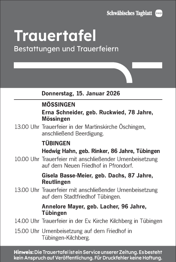  Traueranzeige für Trauertafel vom 15.01.2026 vom 15.01.2026 aus Schwäbische Tagblatt