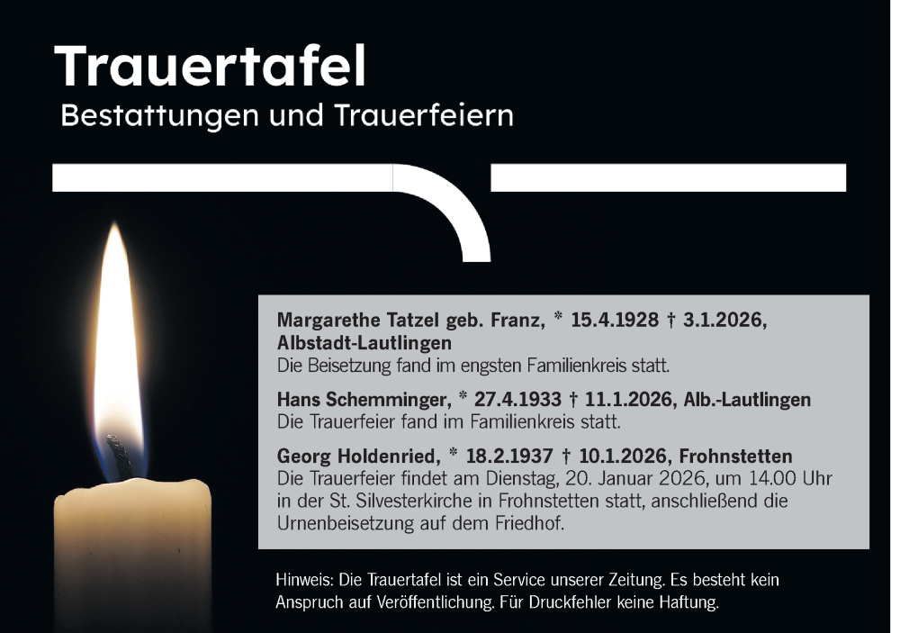  Traueranzeige für Trauertafel vom 17.01.2026 vom 17.01.2026 aus SÜDWEST PRESSE Zollernalbkreis/Hohenzollerische Zeitung