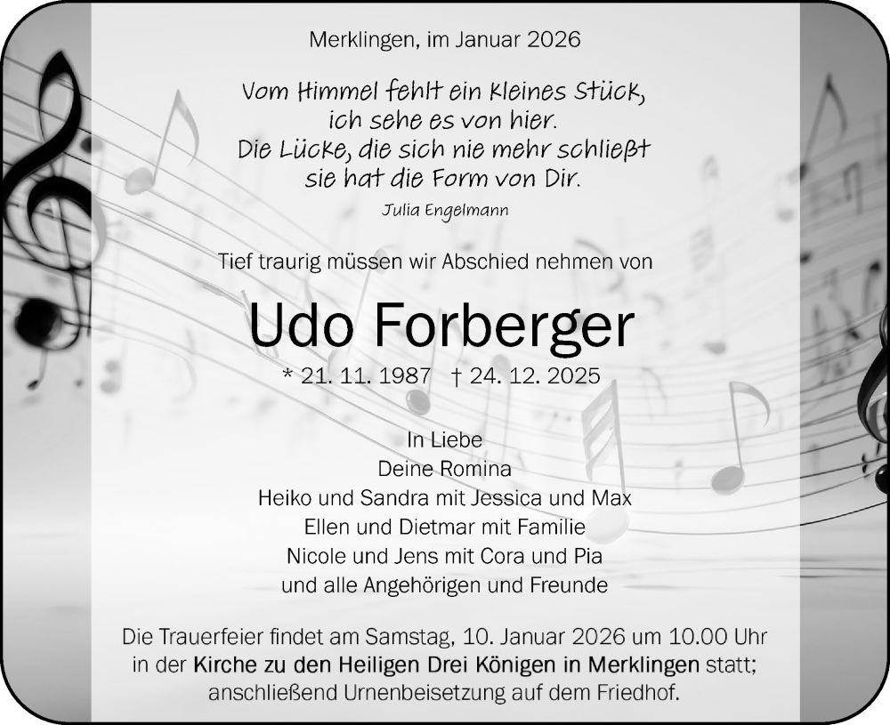  Traueranzeige für Udo Forberger vom 03.01.2026 aus SÜDWEST PRESSE Ausgabe Ulm/Neu-Ulm