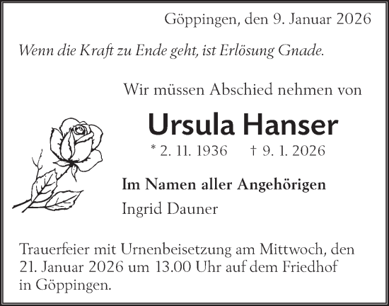 Traueranzeige von Ursula Hanser von NWZ Neue Württembergische Zeitung