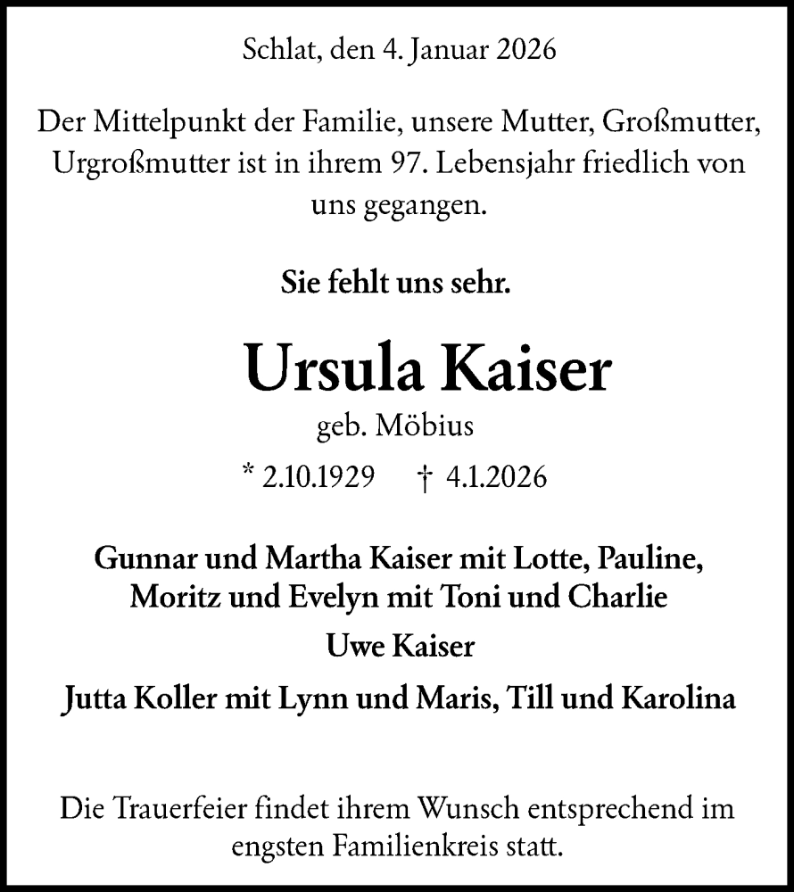  Traueranzeige für Ursula Kaiser vom 16.01.2026 aus NWZ Neue Württembergische Zeitung