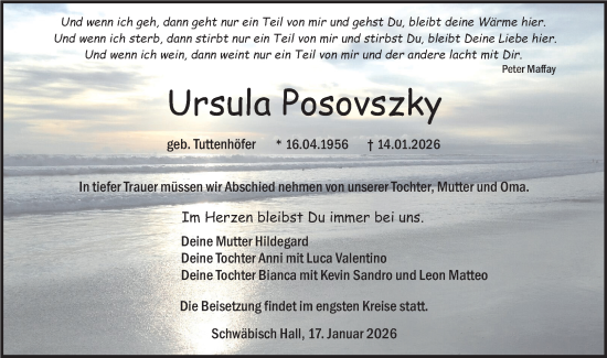 Traueranzeige von Ursula Posovszky von Haller Tagblatt