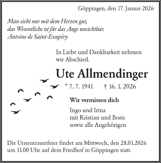 Traueranzeige von Ute Allmendinger von NWZ Neue Württembergische Zeitung