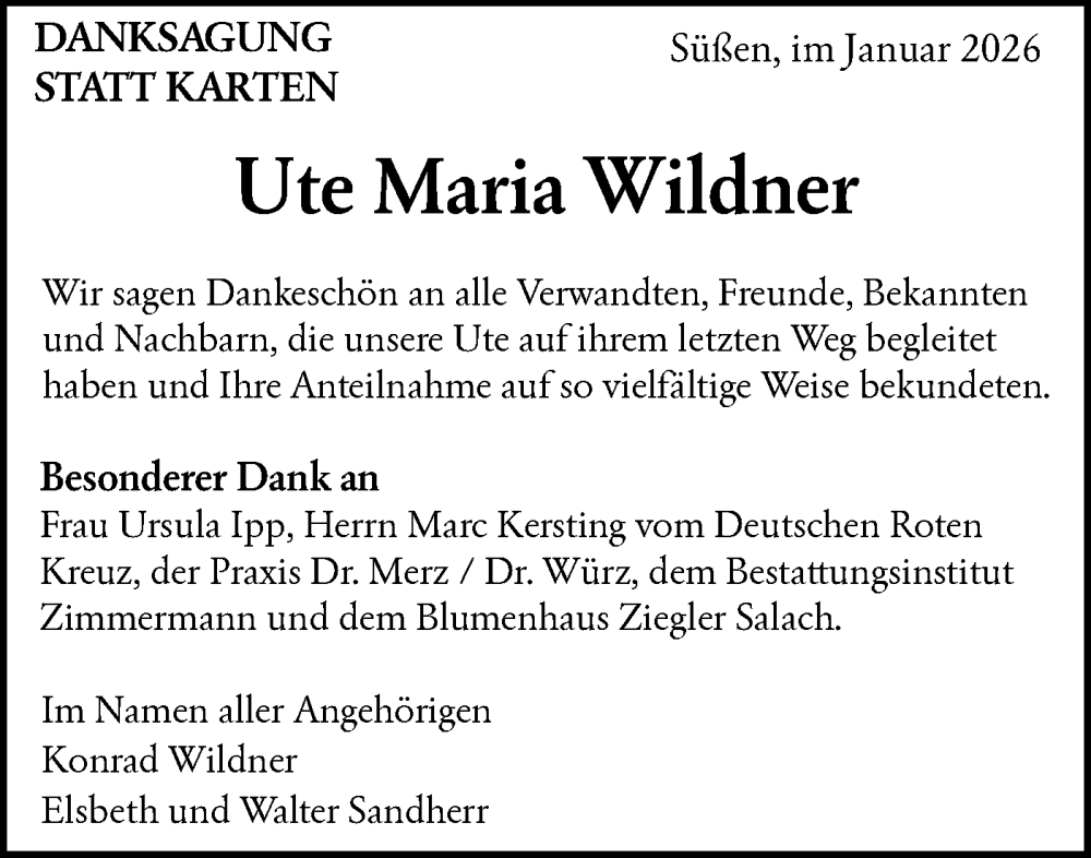  Traueranzeige für Ute Maria Wildner vom 07.01.2026 aus NWZ Neue Württembergische Zeitung