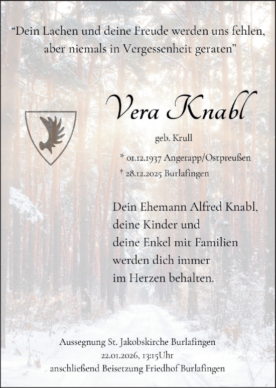 Traueranzeige von Vera Knabl von SÜDWEST PRESSE Ausgabe Ulm/Neu-Ulm