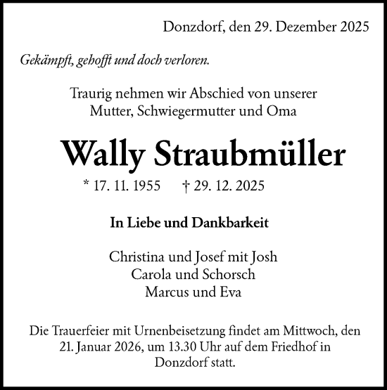 Traueranzeige von Wally Straubmüller von NWZ Neue Württembergische Zeitung