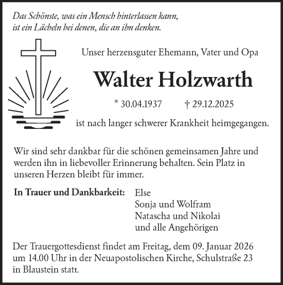 Traueranzeige von Walter Holzwarth von SÜDWEST PRESSE Ausgabe Ulm/Neu-Ulm