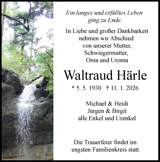 Traueranzeige von Waltraud Härle von Schwäbische Tagblatt