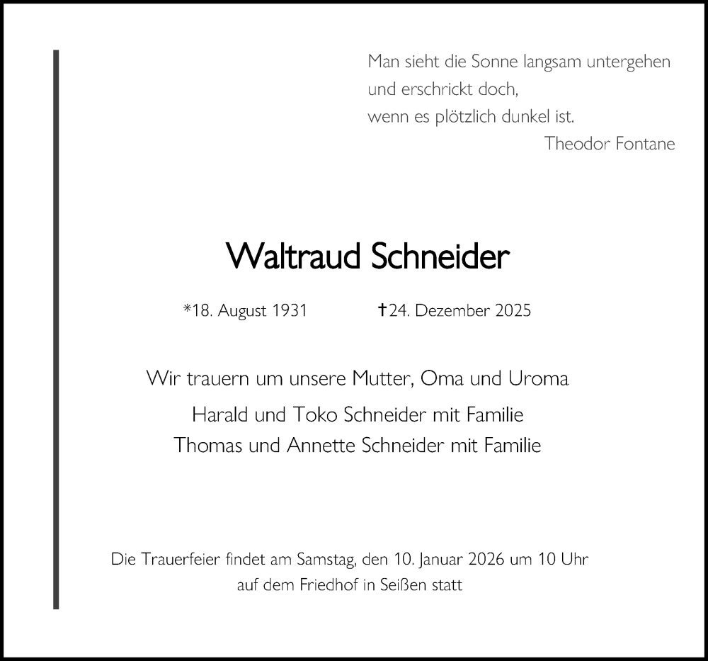  Traueranzeige für Waltraud Schneider vom 09.01.2026 aus Das Blaumännle
