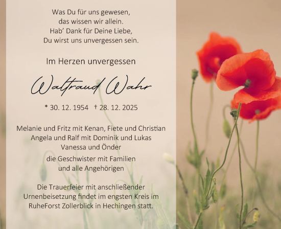 Traueranzeige von Waltraud Wahr von SÜDWEST PRESSE Zollernalbkreis/Hohenzollerische Zeitung