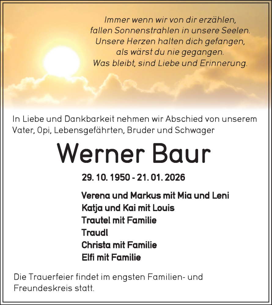  Traueranzeige für Werner Baur vom 24.01.2026 aus Alb-Bote/Metzinger-Uracher Volksblatt