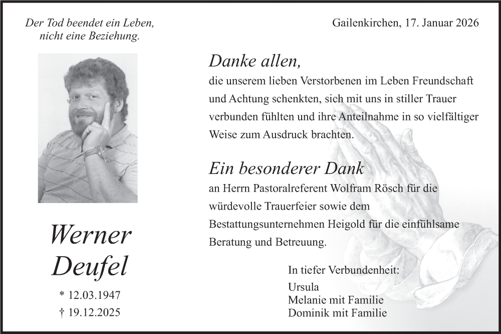  Traueranzeige für Werner Deufel vom 17.01.2026 aus Haller Tagblatt