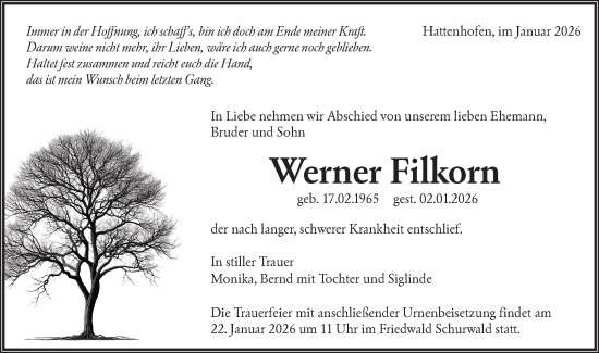 Traueranzeige von Werner Filkorn von NWZ Neue Württembergische Zeitung