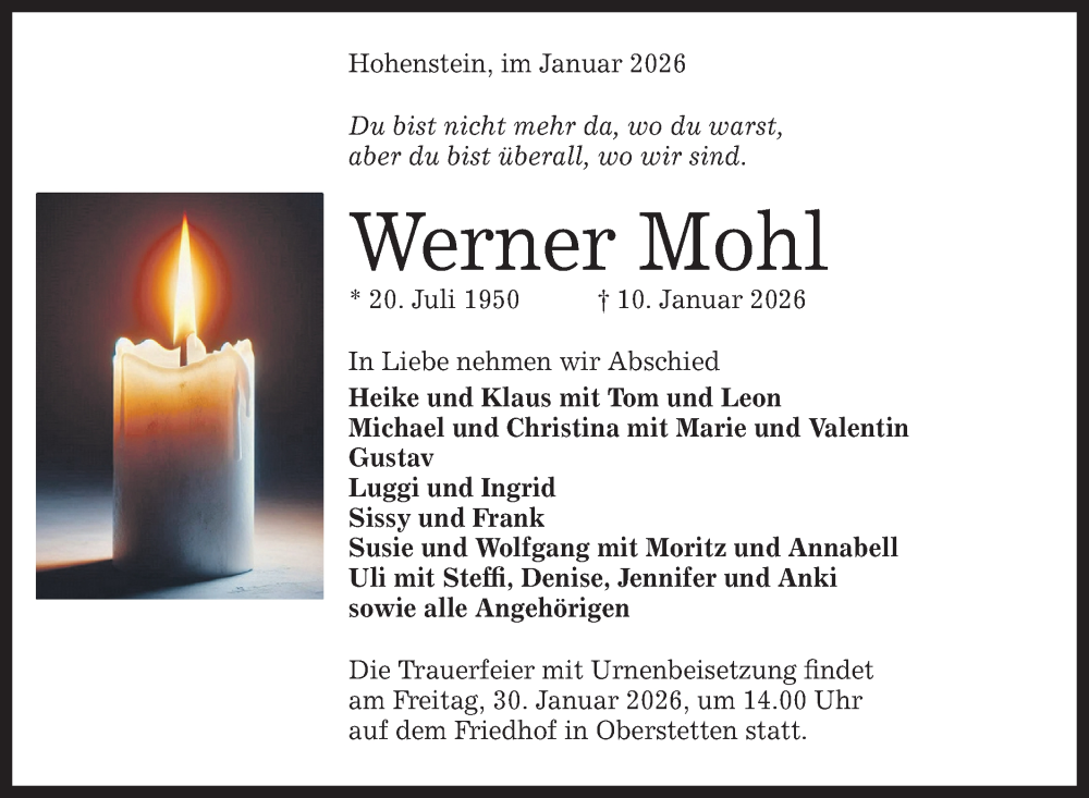  Traueranzeige für Werner Mohl vom 24.01.2026 aus Alb-Bote/Metzinger-Uracher Volksblatt