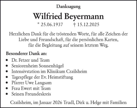 Traueranzeige von Wilfried Beyermann von Hohenloher Tagblatt