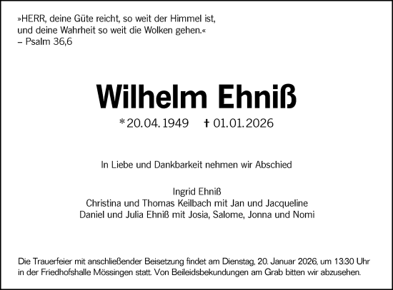 Traueranzeige von Wilhelm Ehniß von Schwäbische Tagblatt