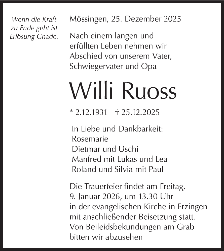  Traueranzeige für Willi Ruoss vom 05.01.2026 aus SÜDWEST PRESSE Zollernalbkreis/Hohenzollerische Zeitung