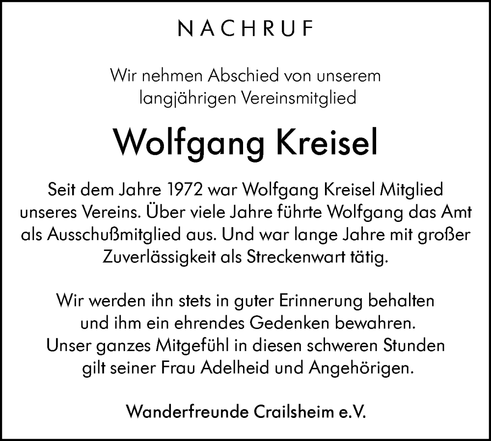  Traueranzeige für Wolfgang Kreisel vom 19.01.2026 aus Hohenloher Tagblatt