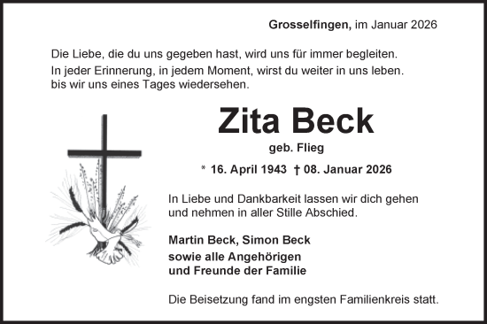 Traueranzeige von Zita Beck von SÜDWEST PRESSE Zollernalbkreis/Hohenzollerische Zeitung