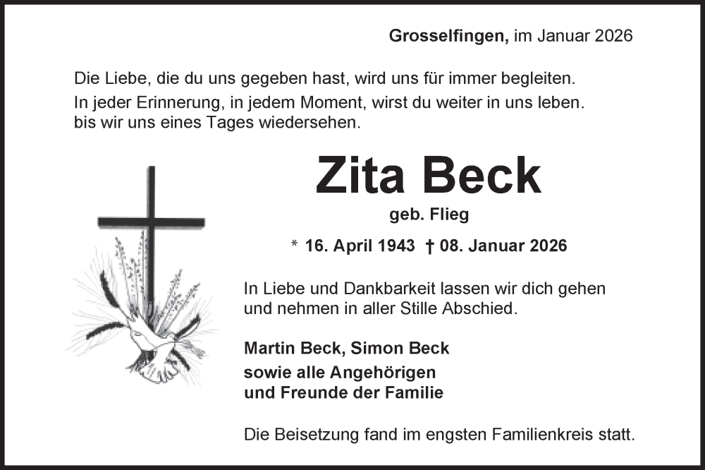  Traueranzeige für Zita Beck vom 17.01.2026 aus SÜDWEST PRESSE Zollernalbkreis/Hohenzollerische Zeitung